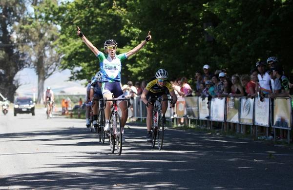 Sophie Williamson celebrates her win today in the Benchmark Homes Festival of Cycling's elite women's 90 kilometre road race